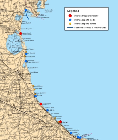 Figura 1: Distribuzione delle opere trasversali che interferiscono con la dinamica costiera lungo il litorale emiliano- romagnolo (2020)