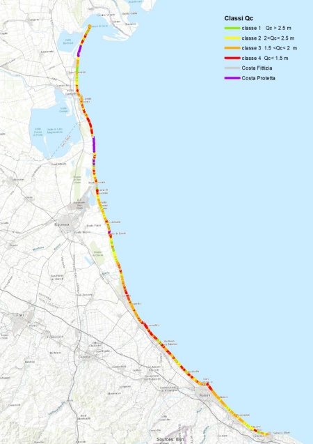 Figura 2: Classificazione della linea di costa regionale in base alle classi di quota di chiusura di spiaggia emersa (Qc)(2019)Qc
