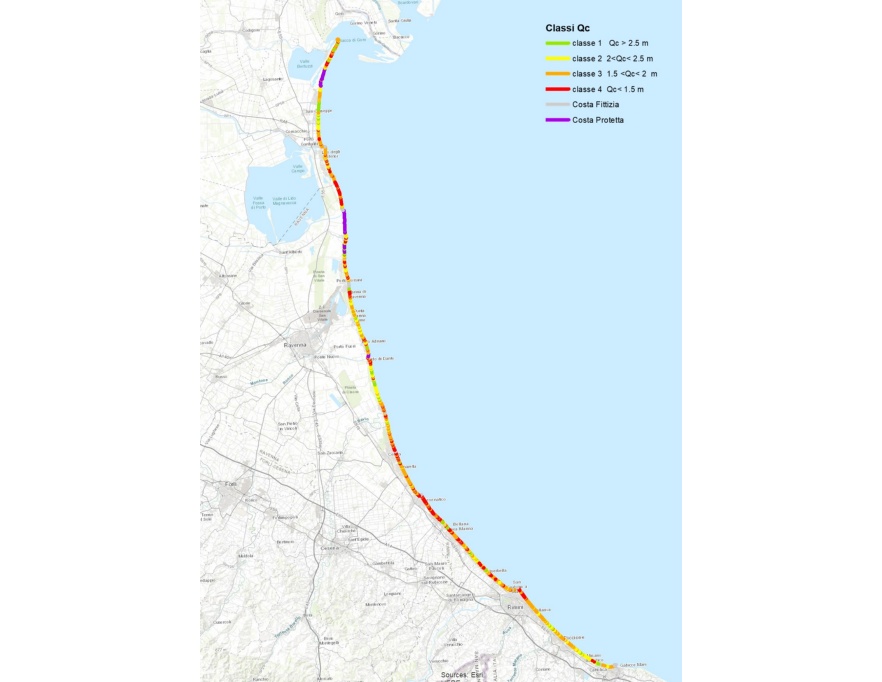 Classificazione della linea di costa regionale in base alle classi di quota di chiusura di spiaggia emersa (Qc)