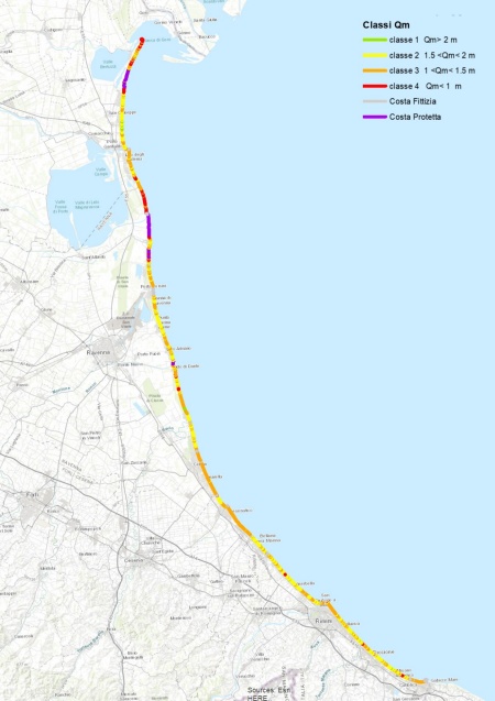 Figura 1: Classificazione della linea di costa regionale in base alle classi di quota media di spiaggia emersa (Qm)(2019)