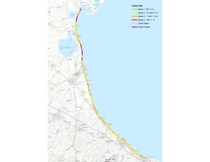 Classificazione della linea di costa regionale in base alle classi di quota media di spiaggia emersa (Qm)