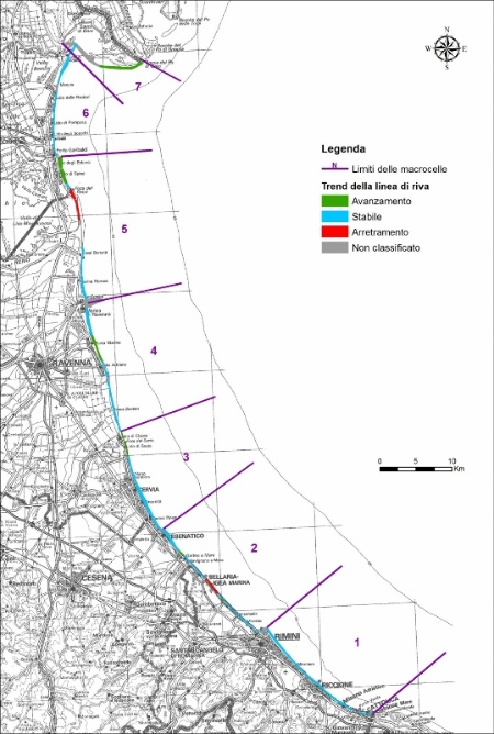 Figura 2:  Tendenza evolutiva della linea di riva lungo il litorale regionale, nel periodo 2006-2012. 
