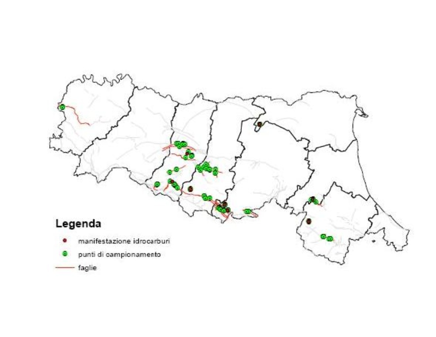 Rappresentazione cartografica abitazioni, emissioni spontanee di gas metano e faglie affioranti attive, indagine radon indoor (2009)