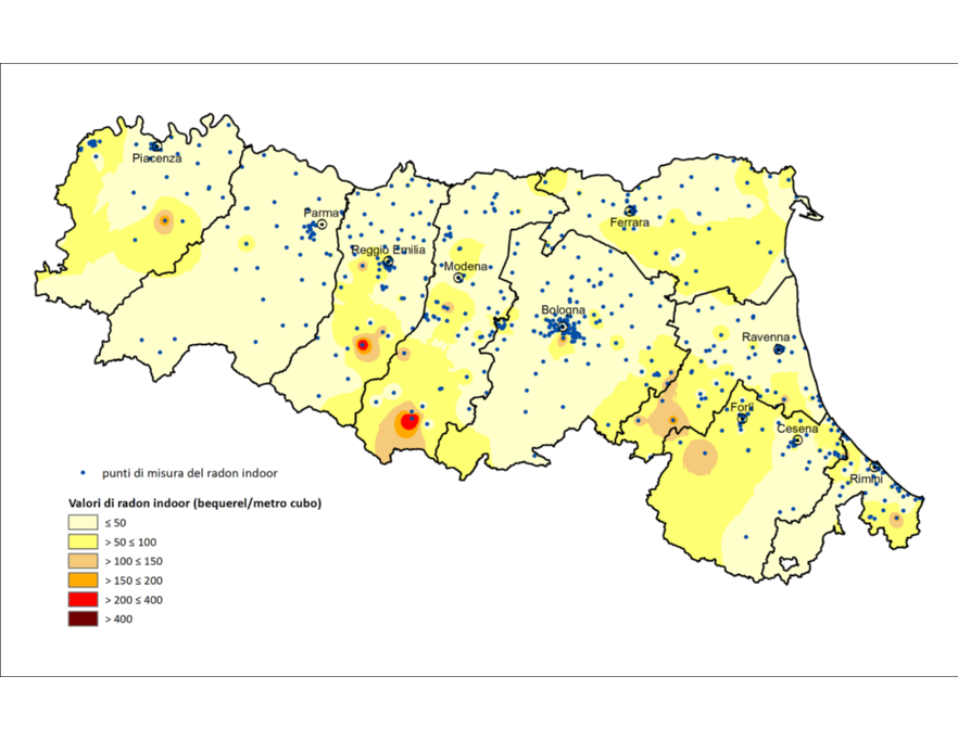 Distribuzione territoriale della concentrazione di Radon indoor ottenuta dalle misure effettuate nelle abitazioni e nelle scuole, al piano terra, nel semestre invernale (1995)