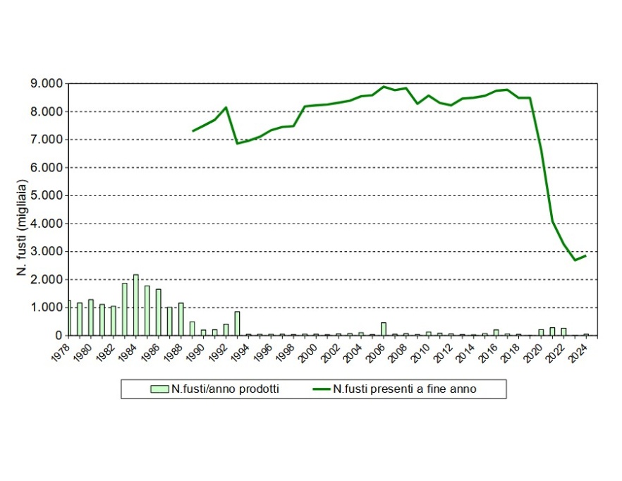 Centrale nucleare Caorso, produzione rifiuti solidi (1978-2024): fusti prodotti annualmente e presenti sull’impianto a ogni fine anno