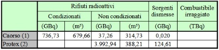 Tabella 1: Caratterizzazione dei rifiuti radioattivi, delle sorgenti dismesse e del combustibile irraggiato nei siti di detenzione dei rifiuti presenti in Emilia-Romagna (2024)