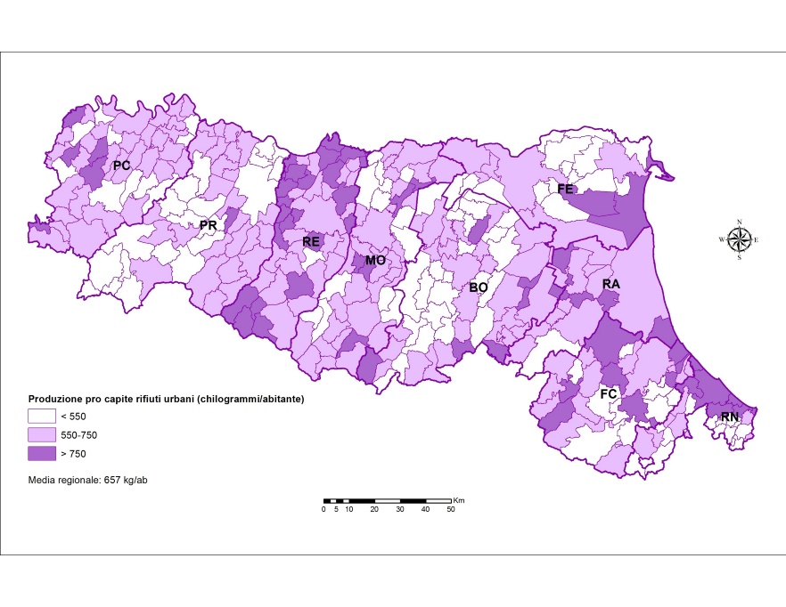 Rappresentazione grafica della produzione pro capite di rifiuti urbani per comune (2014)