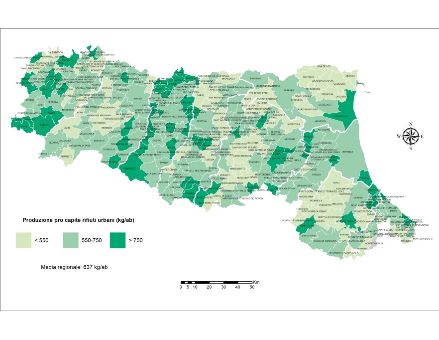Rappresentazione grafica della produzione pro capite di rifiuti urbani per comune (2021)