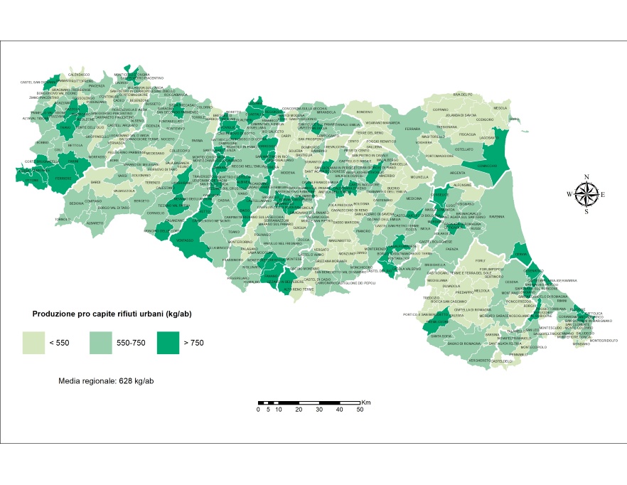 Rappresentazione grafica della produzione pro capite di rifiuti urbani per comune (2022)
