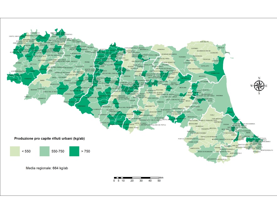 Rappresentazione grafica della produzione pro capite di rifiuti urbani per comune (2024)