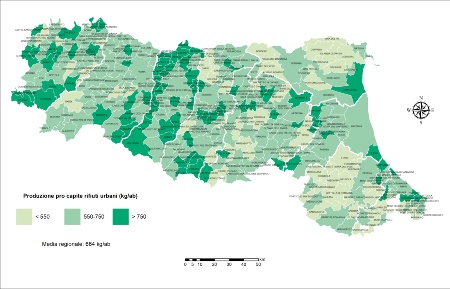 Figura 2: Rappresentazione grafica della produzione pro capite di rifiuti urbani per comune (2024)