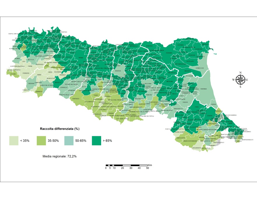 Raccolta differenziata di rifiuti urbani per comune (2021)