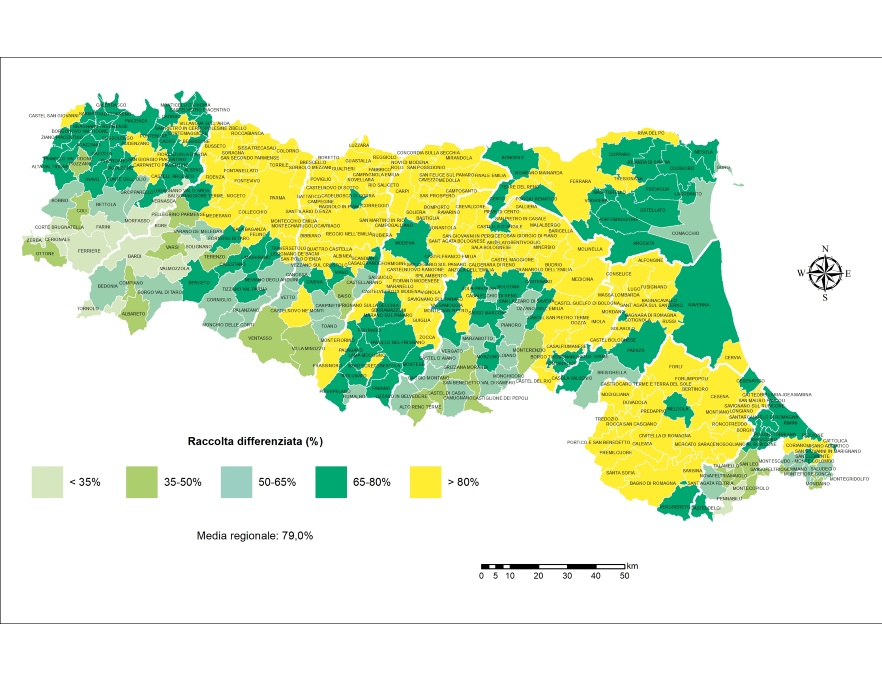 Raccolta differenziata di rifiuti urbani per comune (2024)