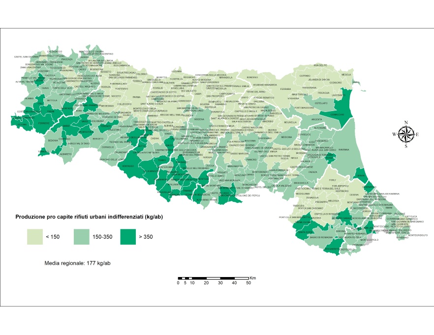 Rappresentazione grafica della produzione pro capite dei rifiuti urbani indifferenziati per comune (2021)