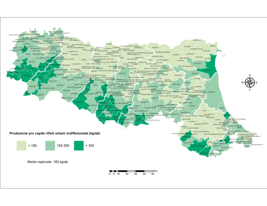 Rappresentazione grafica della produzione pro capite dei rifiuti urbani indifferenziati per comune (2022)