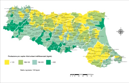Figura 2: Rappresentazione grafica della produzione pro capite dei rifiuti urbani indifferenziati per comune (2023)