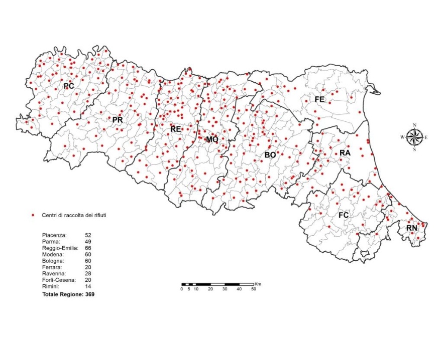 Ubicazione dei centri di raccolta rifiuti in Emilia-Romagna (2018)