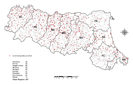 Figura 1: Ubicazione dei centri di raccolta rifiuti in Emilia-Romagna (2020)