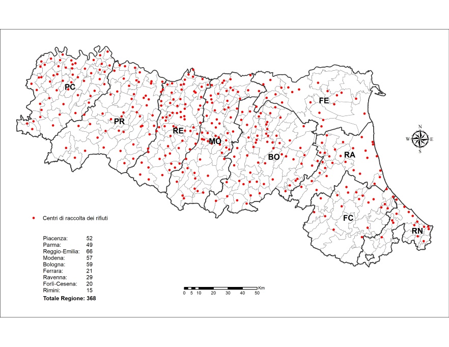 Ubicazione dei centri di raccolta rifiuti in Emilia-Romagna (2021)
