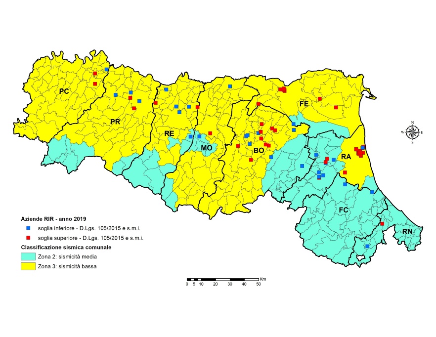 Mappa regionale stabilimenti RIR in zone sismiche in base alla classificazione comunale sismica comunale (2019)