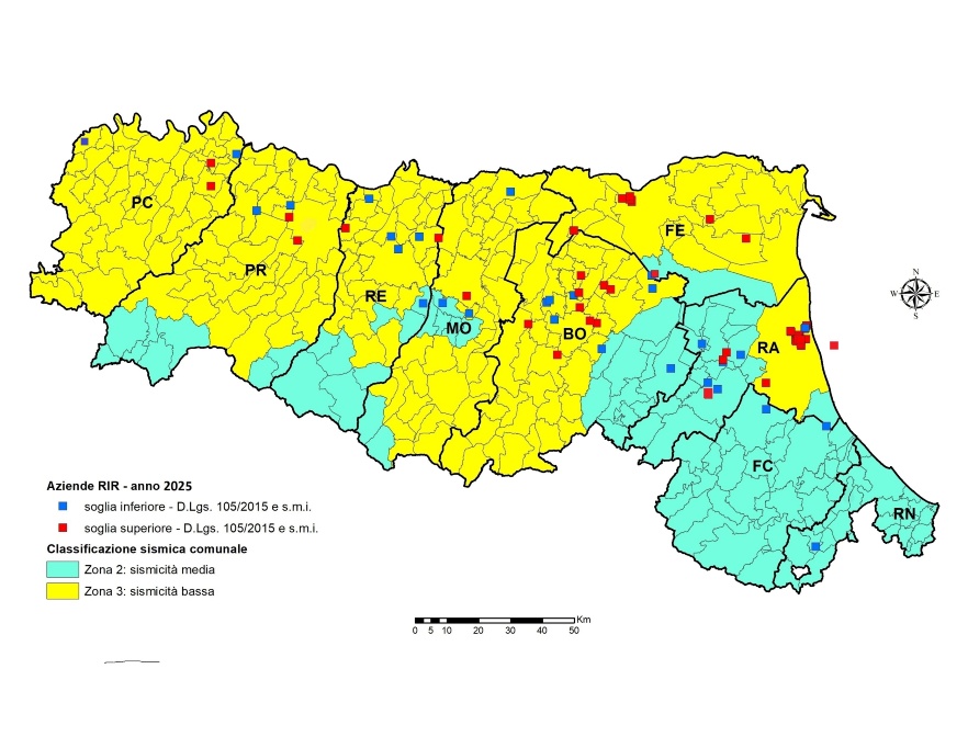 Mappa regionale stabilimenti RIR in zone sismiche in base alla classificazione comunale sismica comunale (2025)