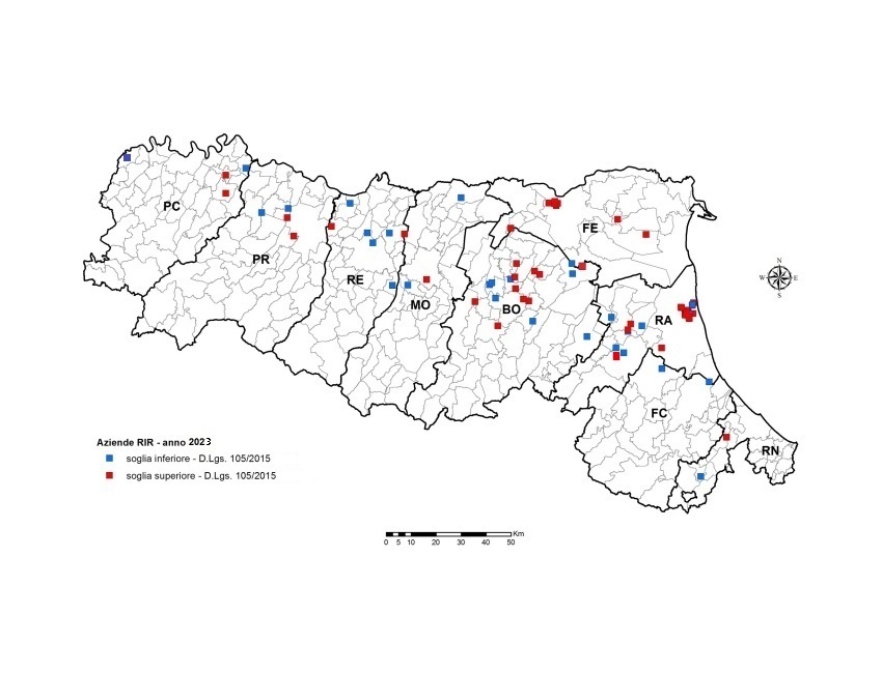 Distribuzione territoriale degli stabilimenti RIR, in Emilia-Romagna (2023)