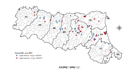 Figura 2: Distribuzione territoriale degli stabilimenti RIR, in Emilia-Romagna (2023)