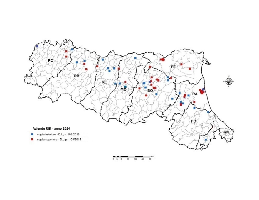 Distribuzione territoriale degli stabilimenti RIR, in Emilia-Romagna (2024)