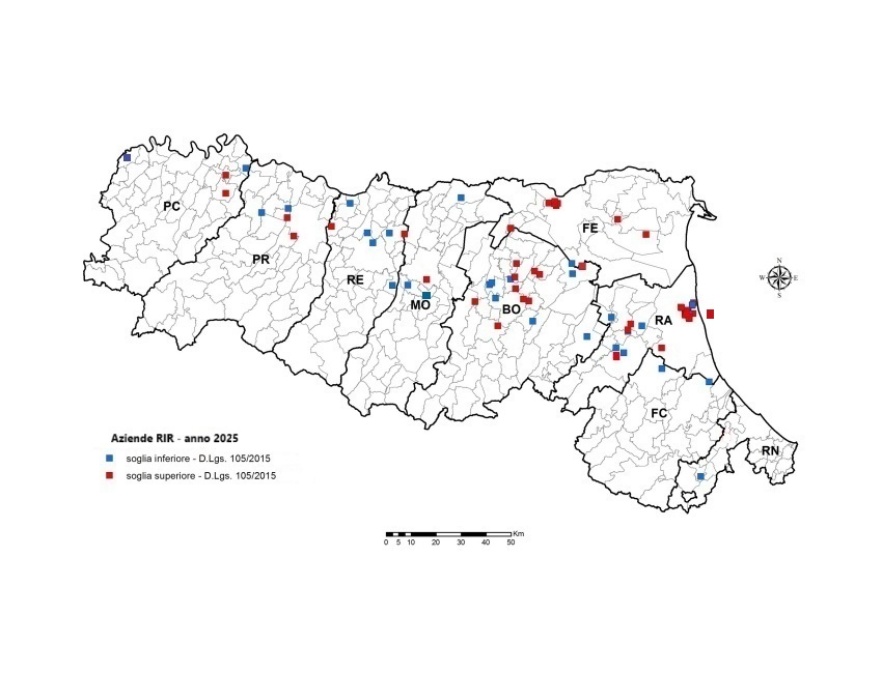 Distribuzione territoriale degli stabilimenti RIR, in Emilia-Romagna (2025)