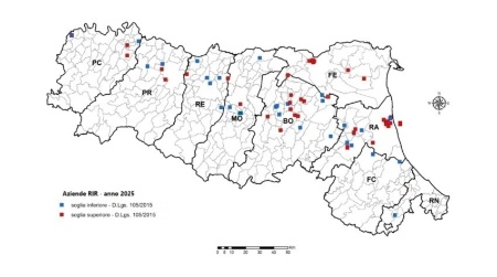 Figura 3: Distribuzione territoriale degli stabilimenti RIR, in Emilia-Romagna (2025)