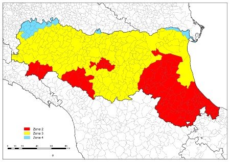 Figura 1: Mappa della classificazione sismica dell’Emilia-Romagna (OPCM 3274/2003 e DGR 1435/2003)