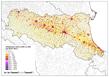 Figura 1: Mappa della distribuzione della popolazione (censimento ISTAT 2011); il territorio regionale è stato suddiviso in celle di m 500 x m 500 classificate secondo il numero di abitanti per cella