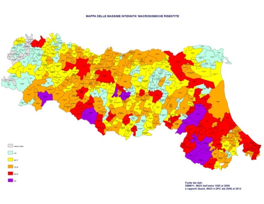 Mappa delle massime intensità macrosismiche risentite per ogni Comune del territorio regionale (Mantovani et al., 2013)