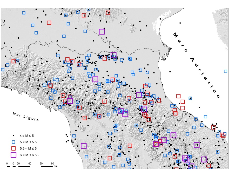 Epicentri dei principali terremoti (MW≥4) che hanno interessato l’Emilia-Romagna negli ultimi 1.000 anni (Rovida et al., 2016; ISIDe Working Group, 2015);                                              