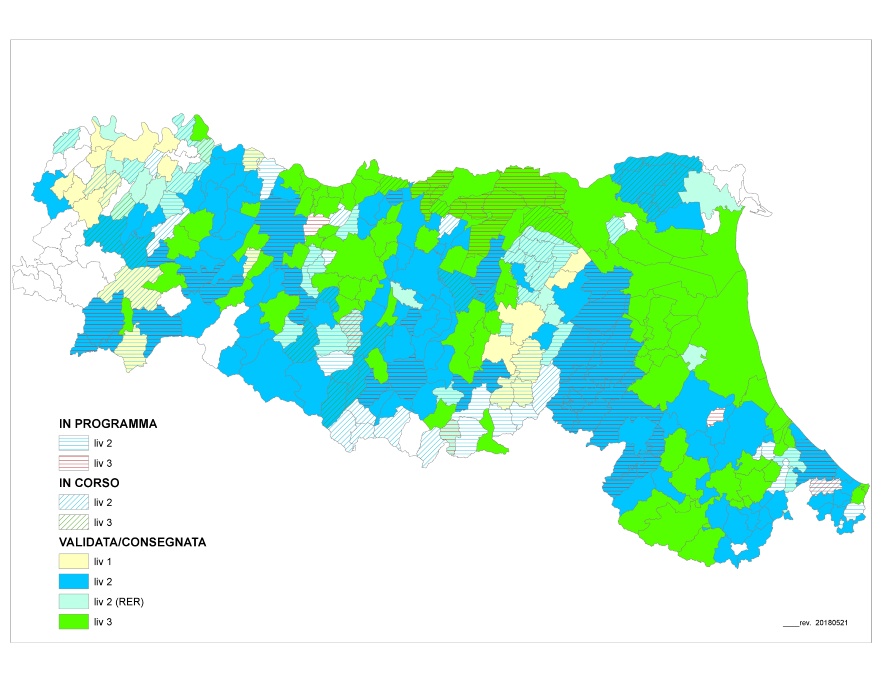 Mappa degli studi di microzonazione sismica realizzati, in corso e in programma in Emilia-Romagna