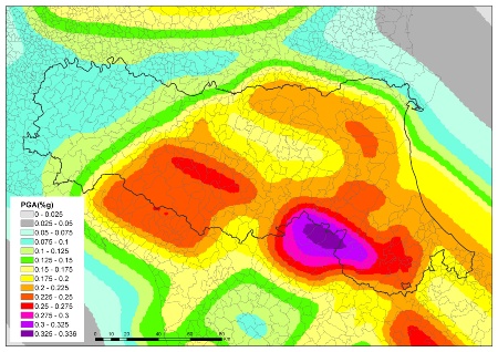 Figura 2: Mappa di pericolosità sismica di base per l’Emilia-Romagna e aree limitrofe (per TR=475 anni), elaborata sulla base di un modello 3D delle sorgenti sismogenetiche (Martelli et al., 2017b)