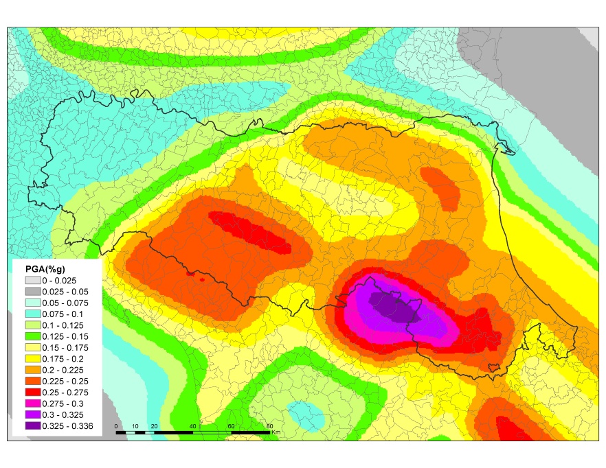 Mappa di pericolosità sismica di base per l’Emilia-Romagna e aree limitrofe (per TR=475 anni), elaborata sulla base di un modello 3D delle sorgenti sismogenetiche (Martelli et al., 2017b)