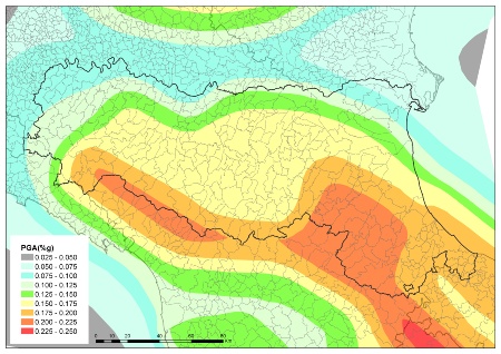 Figura 1: Mappa di pericolosità sismica di base MPS04 (OPCM 3519/2006) per l’Emilia-Romagna e aree limitrofe (per TR=475 anni)