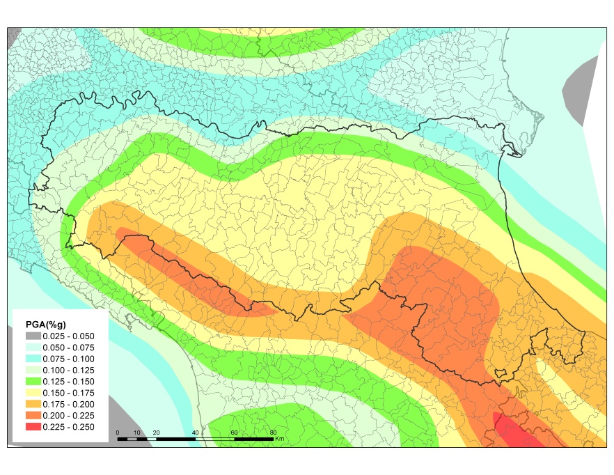 Mappa di pericolosità sismica di base MPS04 (OPCM 3519/2006) per l’Emilia-Romagna e aree limitrofe (per TR=475 anni)
