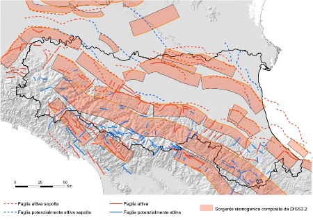 Figura 1: Confronto tra le zone sismogeniche in grado di generare terremoti M>5,5 (DISS Working Group, 2015) e le principali faglie attive riconosciute (Martelli et al., 2017a) nell’Appennino tosco-emiliano-romagnolo e la Pianura Padana centrale e orientale
