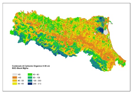Figura 1: Contenuto di carbonio organico nei suoli (SOC-Stock) dell’Emilia-Romagna (aggiornamento al 2014)