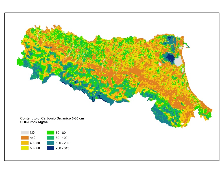 Contenuto di carbonio organico nei suoli (SOC-Stock) dell’Emilia-Romagna (aggiornamento al 2014)