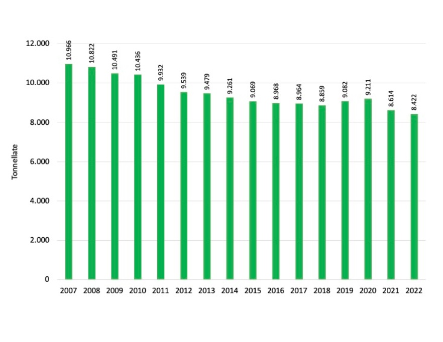 Quantitativi di azoto (tonnellate) derivanti dagli effluenti degli allevamenti suini dell'Emilia-Romagna (2007-2022)