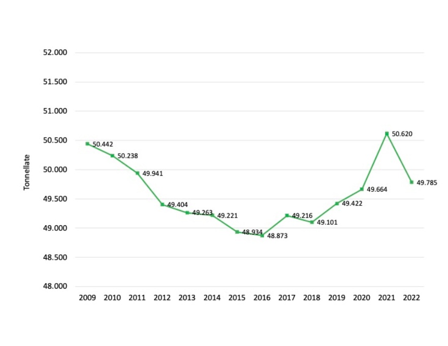 Carico d'azoto al campo (tonnellate) prodotto dagli animali bovini, bufalini, suini, ovi-caprini ed avicoli allevati in Emilia-Romagna (2010-2022)