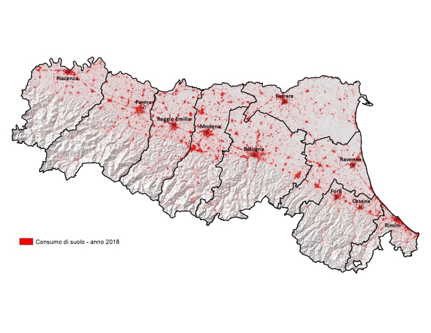 Distribuzione territoriale della superficie di suolo consumato in Emilia-Romagna (2018)