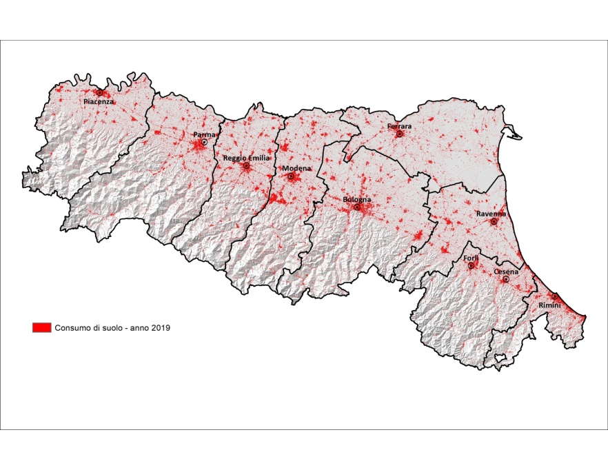 Distribuzione territoriale della superficie di suolo consumato in Emilia-Romagna (2019)