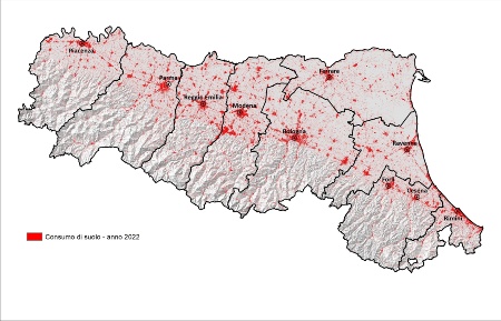 Figura 2: Distribuzione territoriale della superficie di suolo consumato, in Emilia-Romagna (2022)