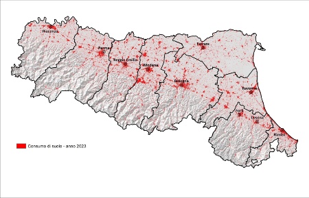 Figura 2: Distribuzione territoriale della superficie di suolo consumato, in Emilia-Romagna (2023)