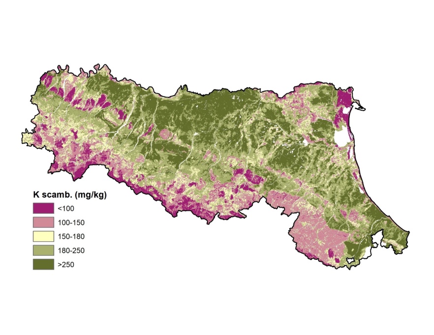 Carta del contenuto di Potassio (mg/kg) nei suoli dell’Emilia-Romagna (2023)