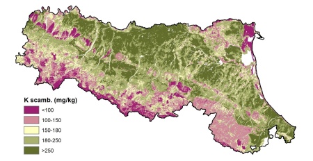 Figura 2: Carta del contenuto di Potassio (mg/kg) nei suoli dell’Emilia-Romagna (2023)